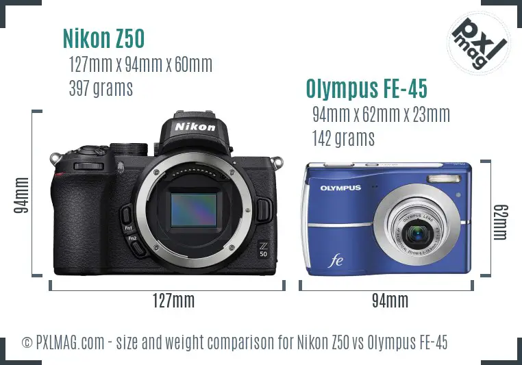 Nikon Z50 vs Olympus FE-45 size comparison