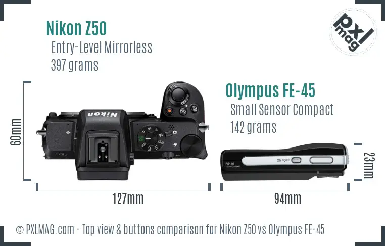 Nikon Z50 vs Olympus FE-45 top view buttons comparison