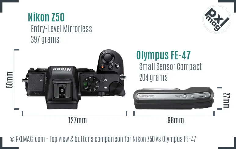Nikon Z50 vs Olympus FE-47 top view buttons comparison