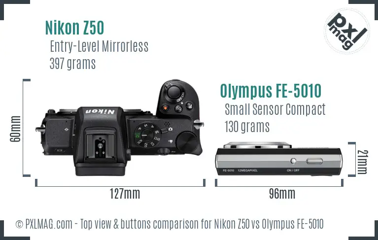 Nikon Z50 vs Olympus FE-5010 top view buttons comparison