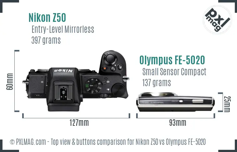 Nikon Z50 vs Olympus FE-5020 top view buttons comparison