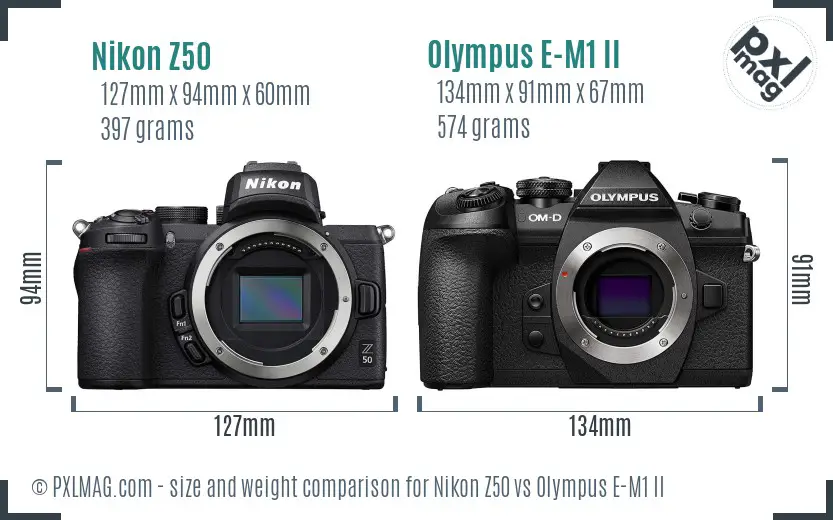 Nikon Z50 vs Olympus E-M1 II size comparison