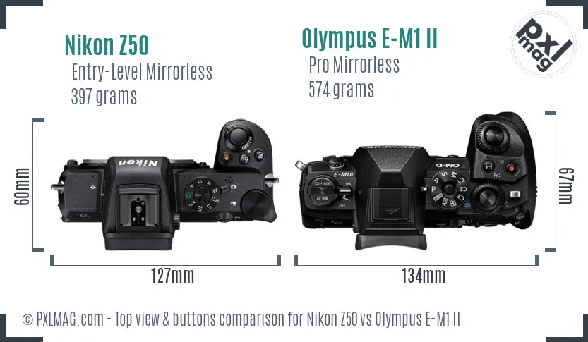 Nikon Z50 vs Olympus E-M1 II top view buttons comparison