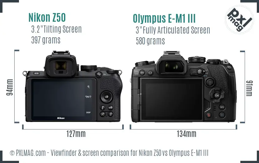 Nikon Z50 vs Olympus E-M1 III Screen and Viewfinder comparison