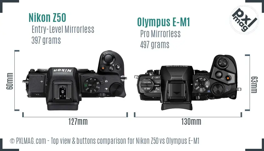 Nikon Z50 vs Olympus E-M1 top view buttons comparison