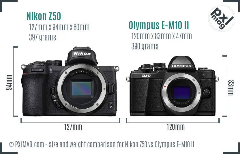 Nikon Z50 vs Olympus E-M10 II size comparison