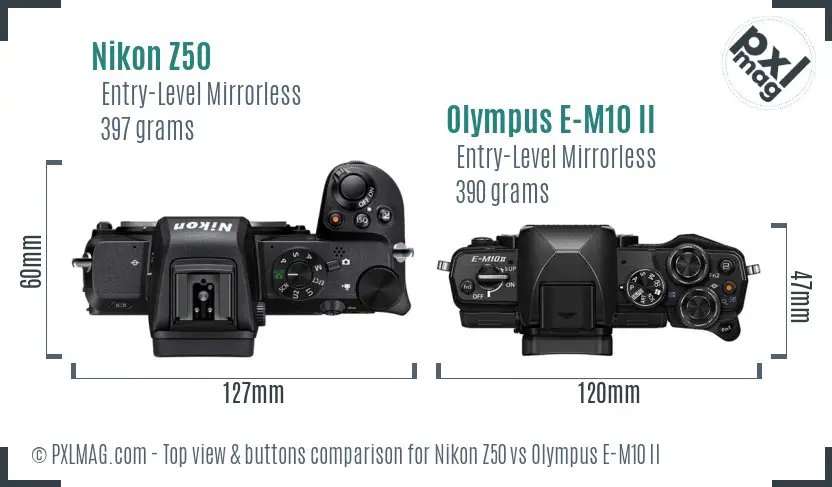 Nikon Z50 vs Olympus E-M10 II top view buttons comparison