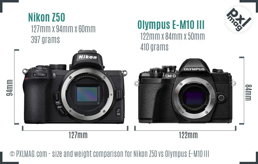 Nikon Z50 vs Olympus E-M10 III size comparison