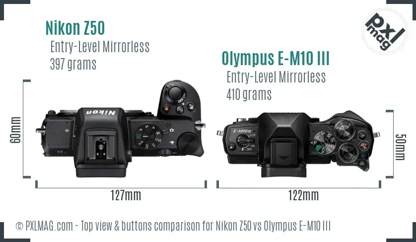 Nikon Z50 vs Olympus E-M10 III top view buttons comparison