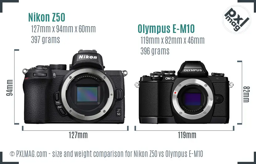 Nikon Z50 vs Olympus E-M10 size comparison
