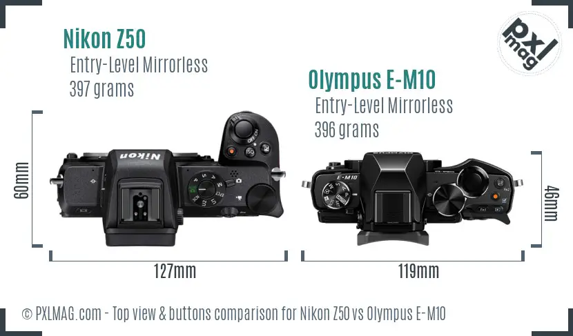 Nikon Z50 vs Olympus E-M10 top view buttons comparison