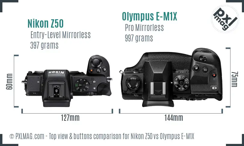 Nikon Z50 vs Olympus E-M1X top view buttons comparison