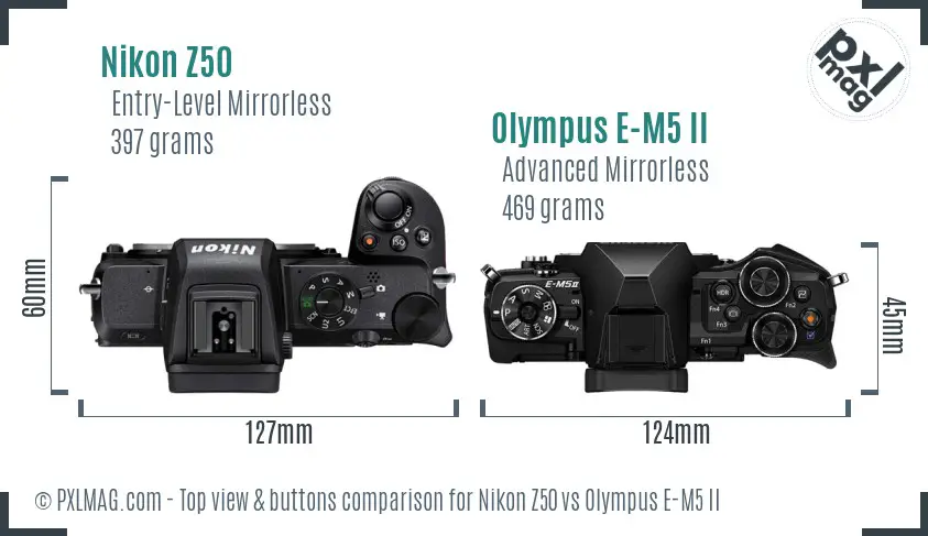 Nikon Z50 vs Olympus E-M5 II top view buttons comparison