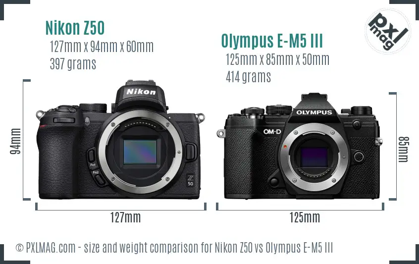 Nikon Z50 vs Olympus E-M5 III size comparison
