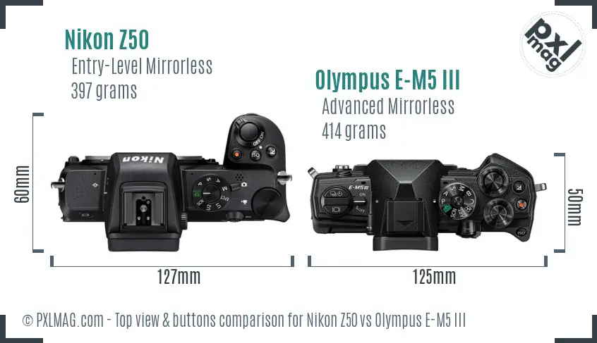 Nikon Z50 vs Olympus E-M5 III top view buttons comparison