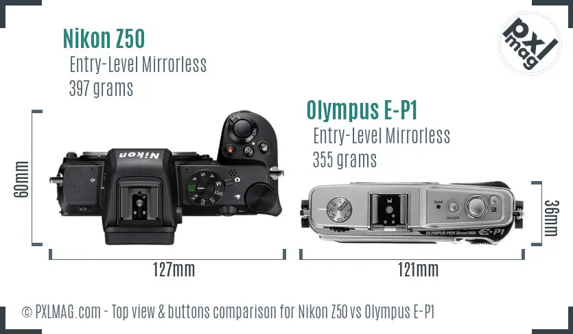 Nikon Z50 vs Olympus E-P1 top view buttons comparison