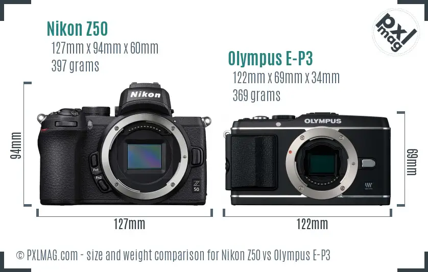 Nikon Z50 vs Olympus E-P3 size comparison
