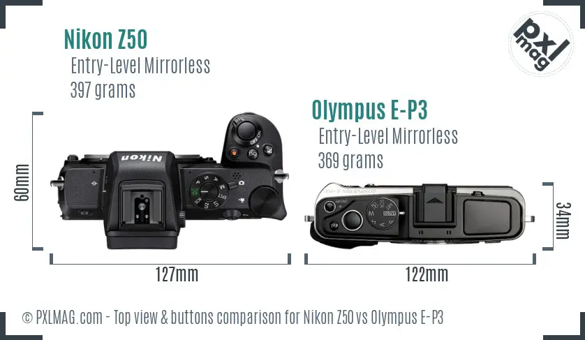 Nikon Z50 vs Olympus E-P3 top view buttons comparison