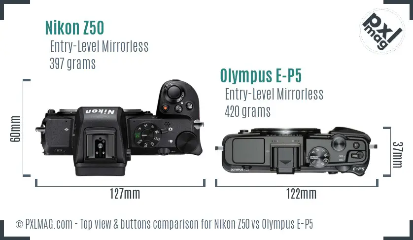 Nikon Z50 vs Olympus E-P5 top view buttons comparison