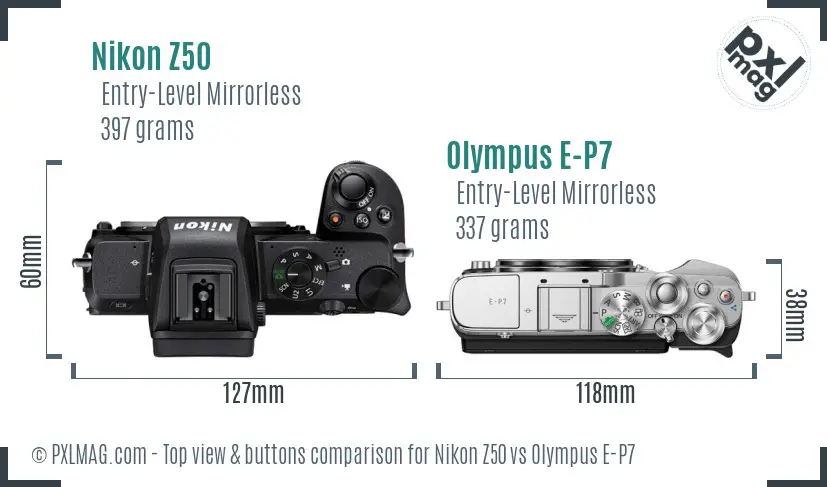 Nikon Z50 vs Olympus E-P7 top view buttons comparison