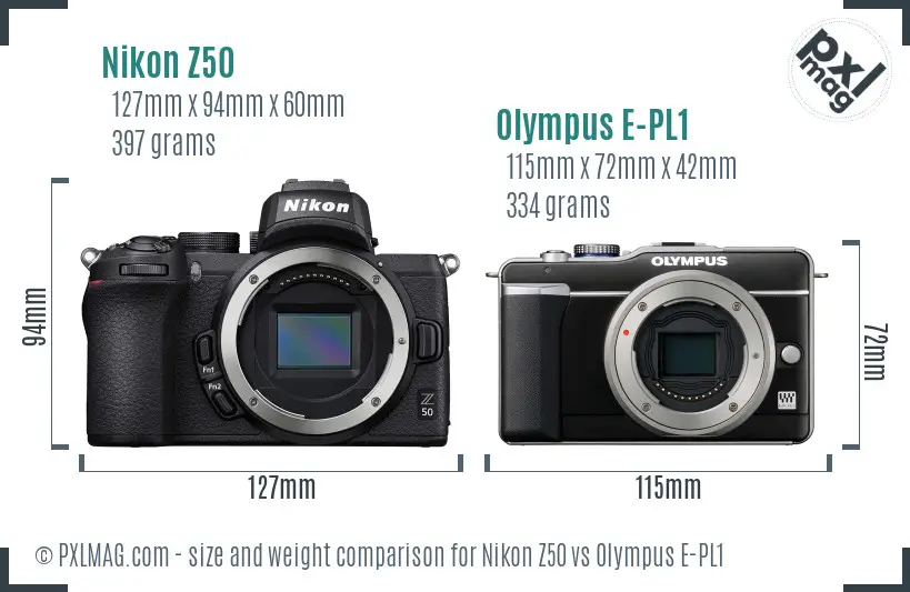 Nikon Z50 vs Olympus E-PL1 size comparison