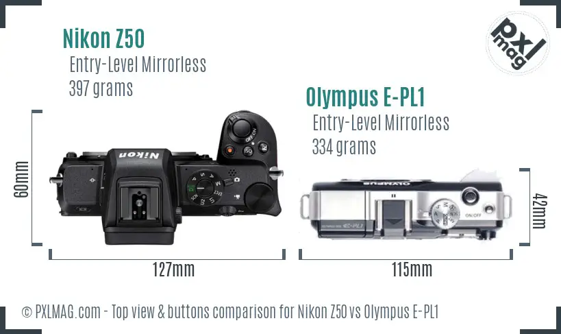 Nikon Z50 vs Olympus E-PL1 top view buttons comparison
