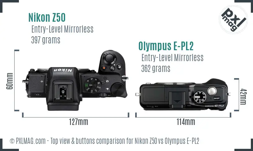 Nikon Z50 vs Olympus E-PL2 top view buttons comparison