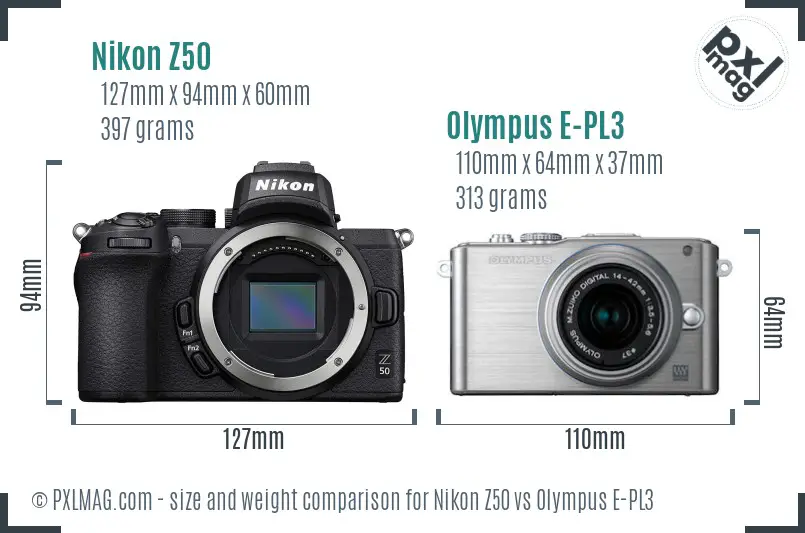 Nikon Z50 vs Olympus E-PL3 size comparison