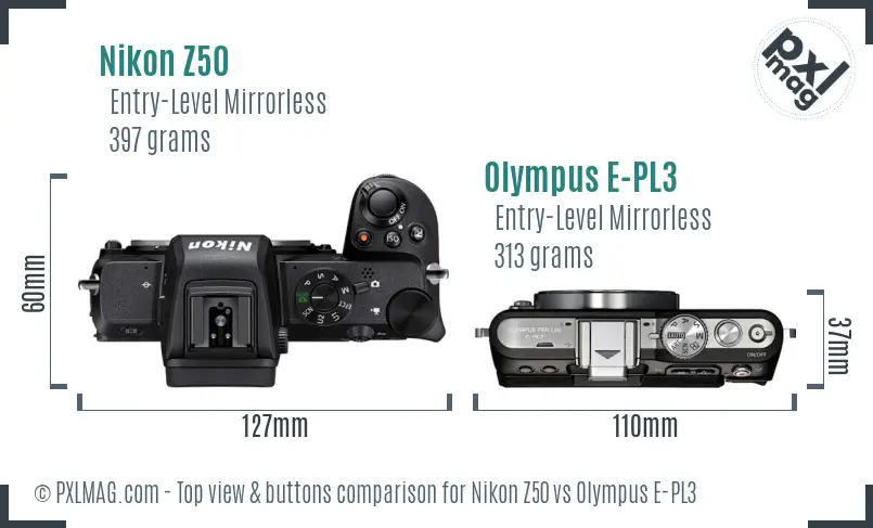 Nikon Z50 vs Olympus E-PL3 top view buttons comparison