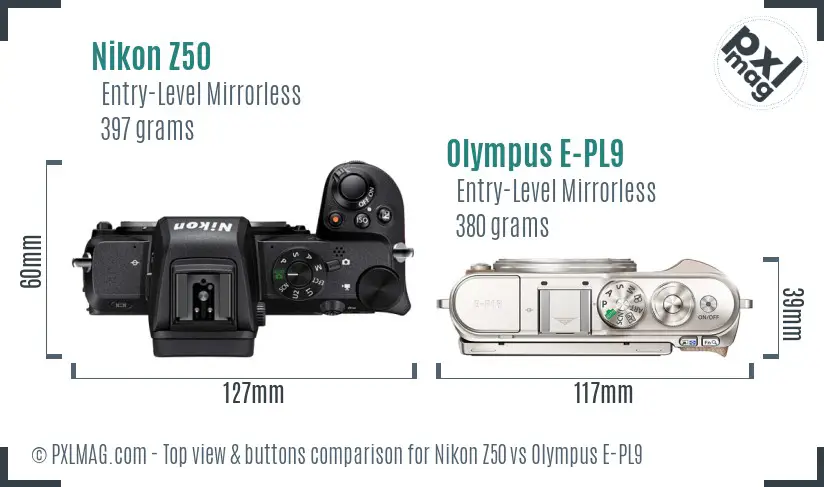 Nikon Z50 vs Olympus E-PL9 top view buttons comparison