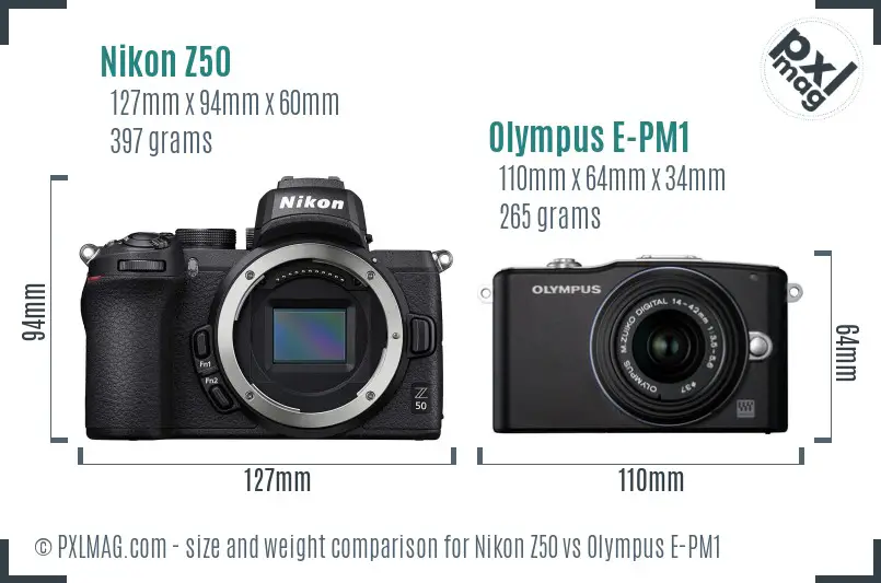 Nikon Z50 vs Olympus E-PM1 size comparison