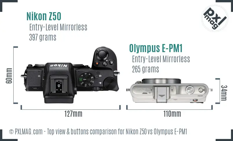 Nikon Z50 vs Olympus E-PM1 top view buttons comparison