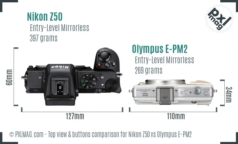 Nikon Z50 vs Olympus E-PM2 top view buttons comparison
