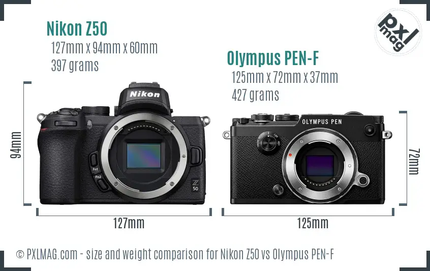 Nikon Z50 vs Olympus PEN-F size comparison