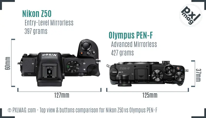 Nikon Z50 vs Olympus PEN-F top view buttons comparison