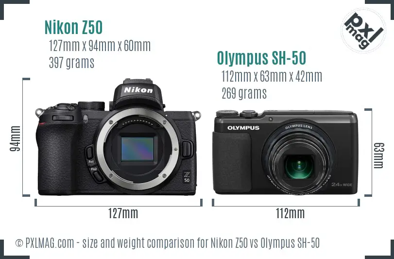 Nikon Z50 vs Olympus SH-50 size comparison