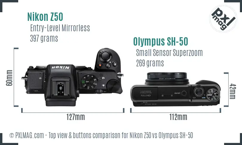 Nikon Z50 vs Olympus SH-50 top view buttons comparison