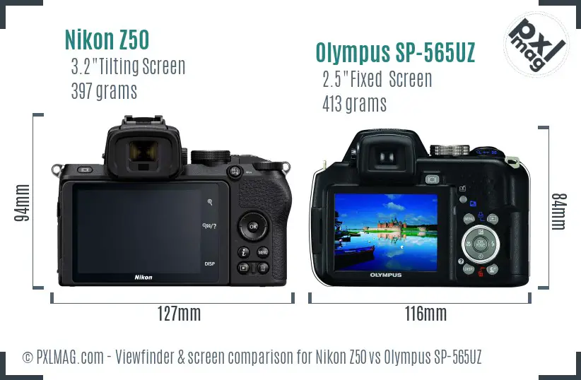 Nikon Z50 vs Olympus SP-565UZ Screen and Viewfinder comparison