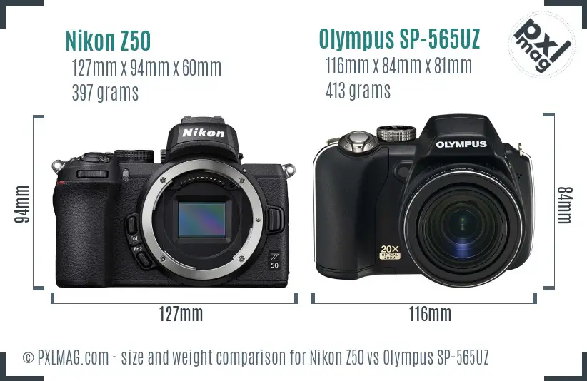 Nikon Z50 vs Olympus SP-565UZ size comparison
