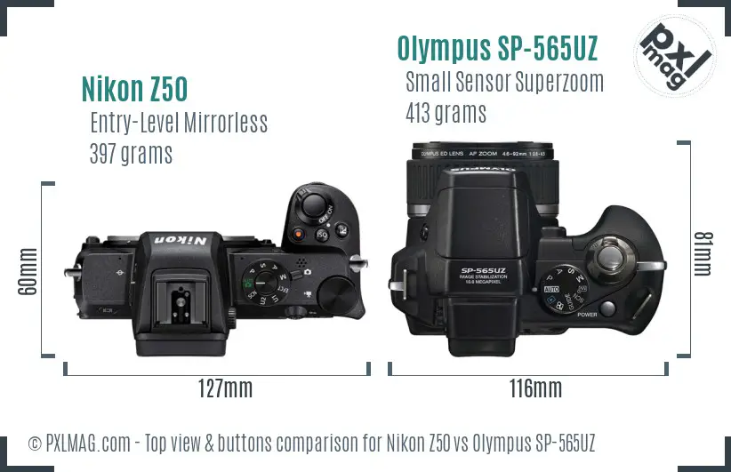 Nikon Z50 vs Olympus SP-565UZ top view buttons comparison