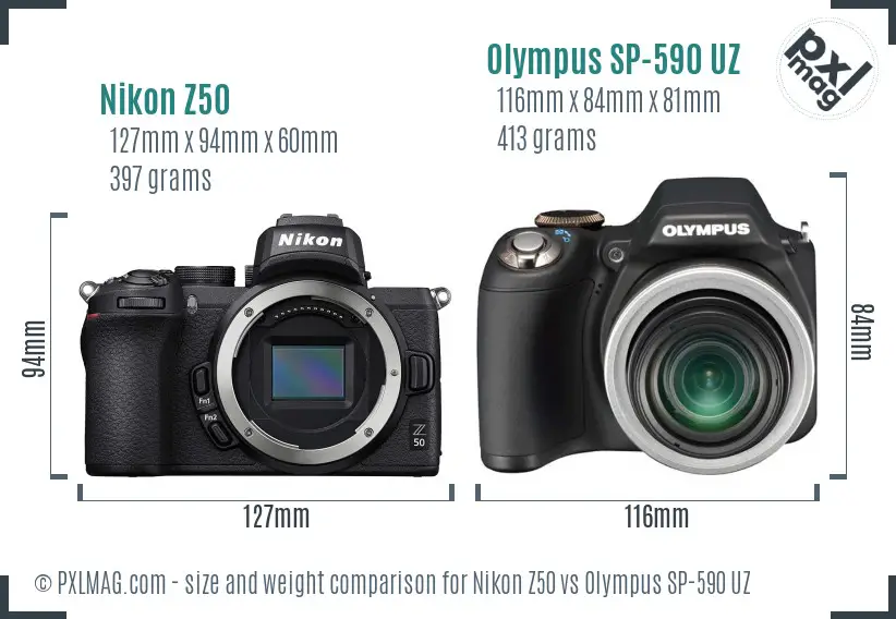 Nikon Z50 vs Olympus SP-590 UZ size comparison