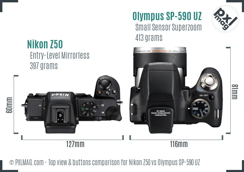 Nikon Z50 vs Olympus SP-590 UZ top view buttons comparison