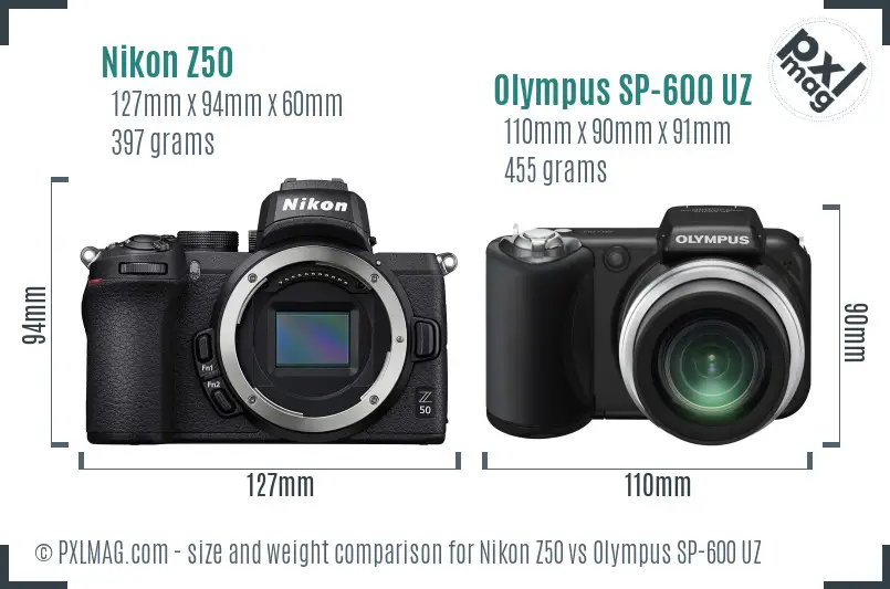 Nikon Z50 vs Olympus SP-600 UZ size comparison