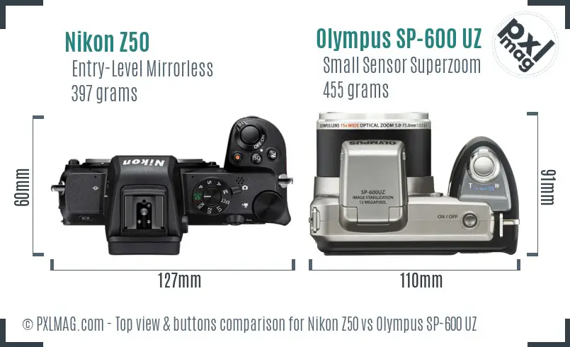 Nikon Z50 vs Olympus SP-600 UZ top view buttons comparison