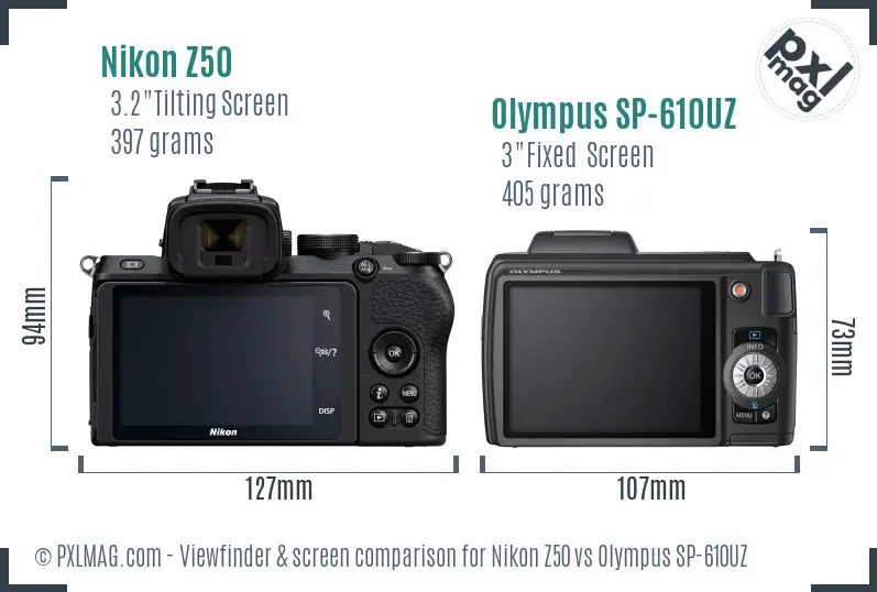 Nikon Z50 vs Olympus SP-610UZ Screen and Viewfinder comparison