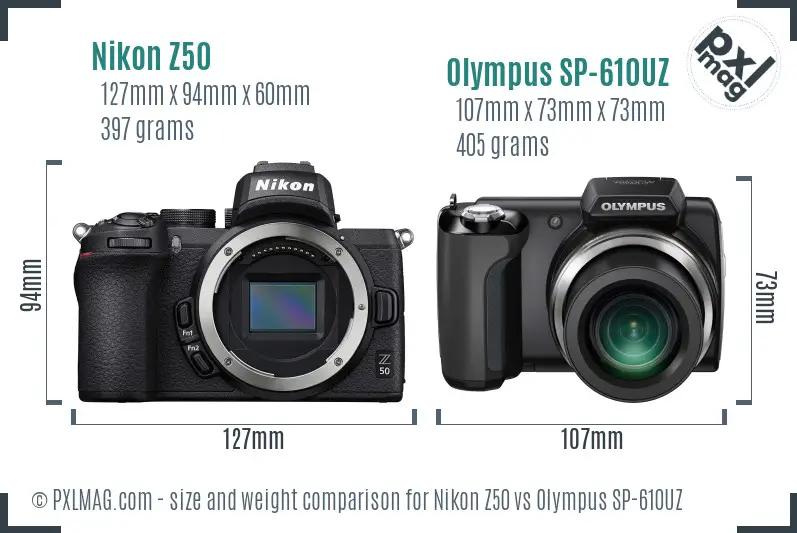 Nikon Z50 vs Olympus SP-610UZ size comparison