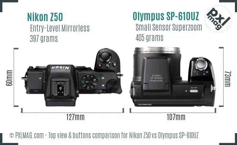Nikon Z50 vs Olympus SP-610UZ top view buttons comparison