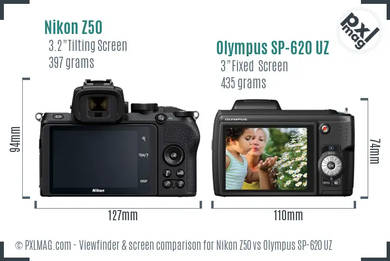 Nikon Z50 vs Olympus SP-620 UZ Screen and Viewfinder comparison