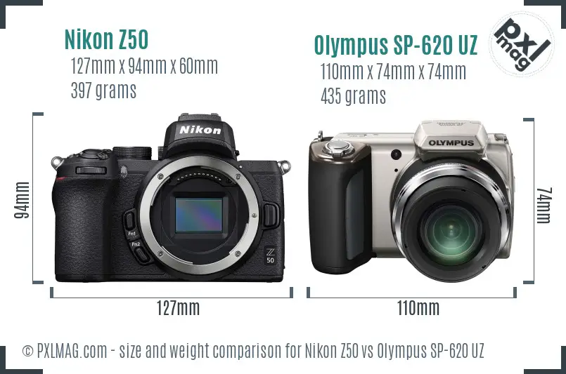 Nikon Z50 vs Olympus SP-620 UZ size comparison