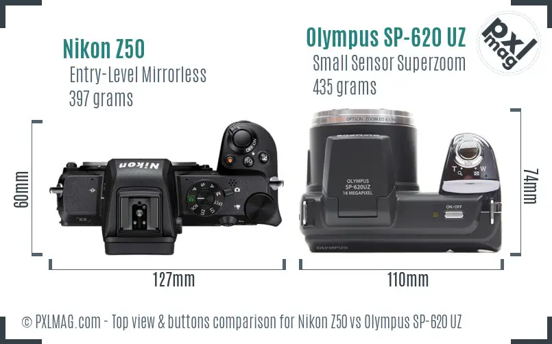Nikon Z50 vs Olympus SP-620 UZ top view buttons comparison